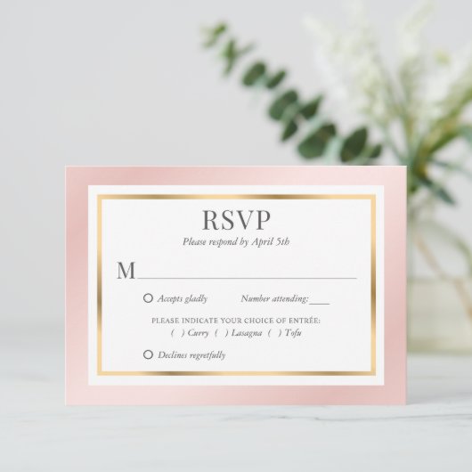 Pink Blush Gold Meal Choices Elegant Wedding RSVP Kaartje (Staand voorkant)