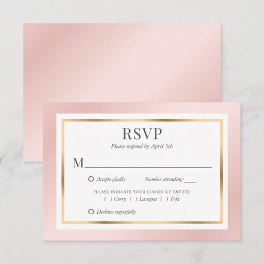 Pink Blush Gold Meal Choices Elegant Wedding RSVP Kaartje (Voorkant / Achterkant)