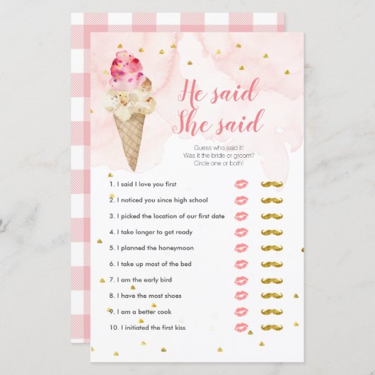 Pink Blush Ice Cream Hij zei dat ze Kaart zei (Voorkant / Achterkant)