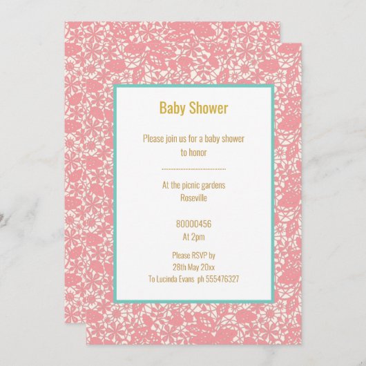 PINK BLUSH LACE BLUE BORDER BABY SHOWER KAART (Voorkant / Achterkant)