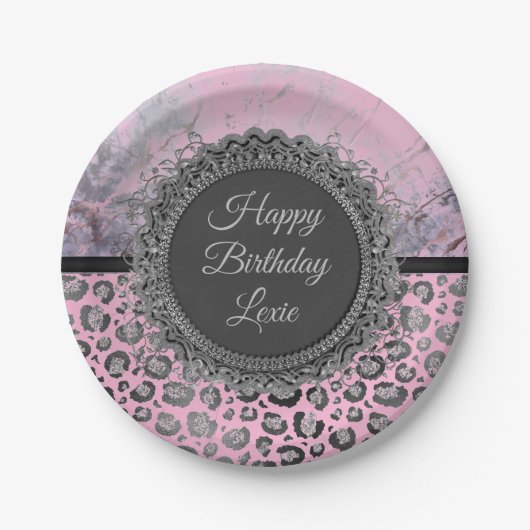 Pink Blush Marble Glittery Leopard Birthday Papieren Bordje (Voorkant)