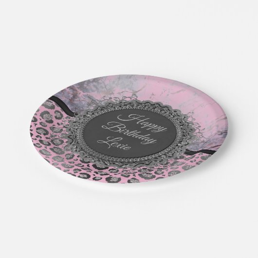 Pink Blush Marble Glittery Leopard Birthday Papieren Bordje (Gekanteld)