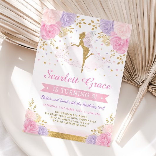 Pink Blush Paarse Floral Fairy Birthday Party Kaart
