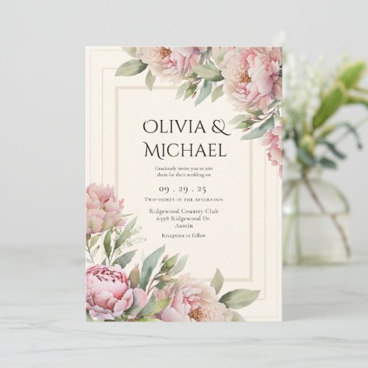 Pink Blush Peonies Floral Elegant Wedding Kaart (Staand voorkant)