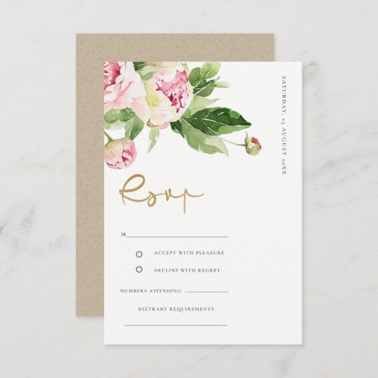 PINK BLUSH PEONY FLORAL WATERVERF WEDING RSVP INFORMATIEKAARTJE (Voorkant / Achterkant)