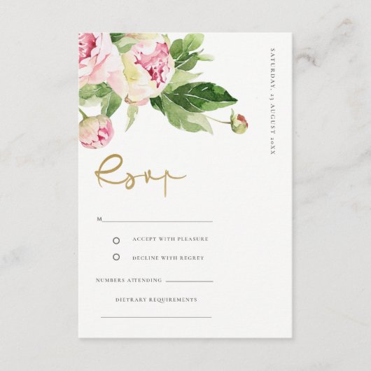 PINK BLUSH PEONY FLORAL WATERVERF WEDING RSVP INFORMATIEKAARTJE (Voorkant)