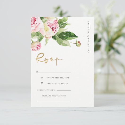 PINK BLUSH PEONY FLORAL WATERVERF WEDING RSVP INFORMATIEKAARTJE (Staand voorkant)