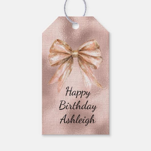 Pink Blush Roos Gold Bow Verjaardag Cadeaulabel (Voorkant)