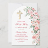 Pink Blush Roses Arch First Communion Kaart (Voorkant)