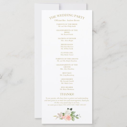 Pink Blush Rozen Floral Gold Wedding Programme (Achterkant)