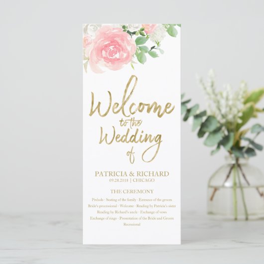 Pink Blush Rozen Floral Gold Wedding Programme (Staand voorkant)