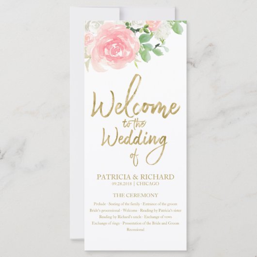 Pink Blush Rozen Floral Gold Wedding Programme (Voorkant)
