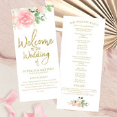 Pink Blush Rozen Floral Gold Wedding Programme