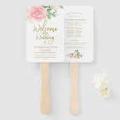 Pink Blush Rozen Floral Gold Wedding Programme Handwaaier (Voorkant en achterkant)