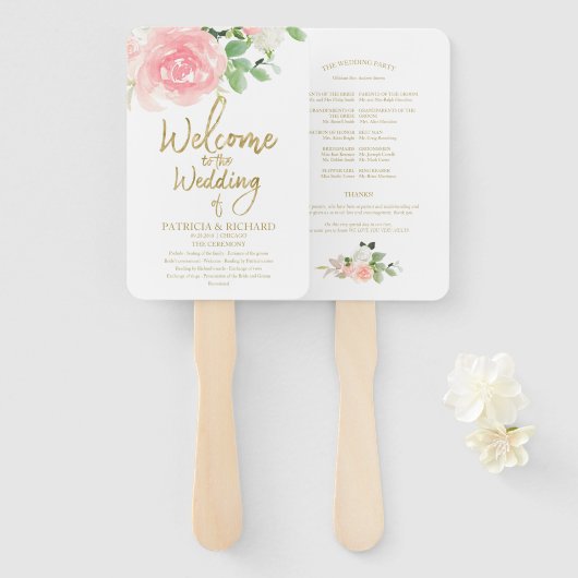 Pink Blush Rozen Floral Gold Wedding Programme Handwaaier (Voorkant en achterkant)