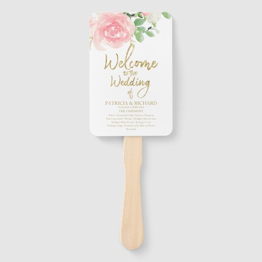 Pink Blush Rozen Floral Gold Wedding Programme Handwaaier (Voorkant)