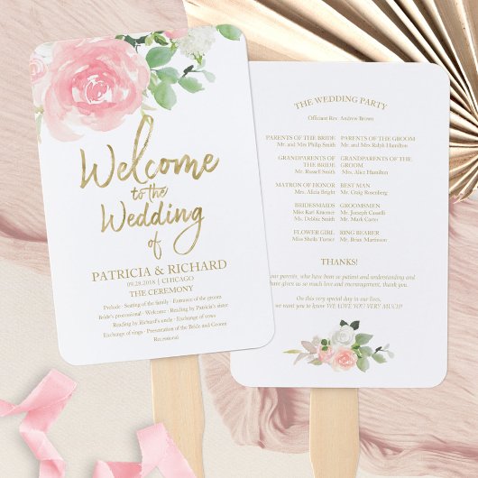 Pink Blush Rozen Floral Gold Wedding Programme Handwaaier