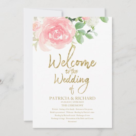 Pink Blush Rozen Floral Gold Wedding Programme Kaart (Voorkant)