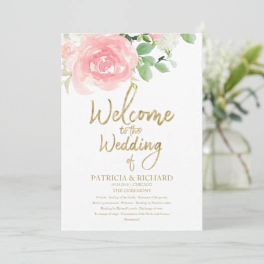 Pink Blush Rozen Floral Gold Wedding Programme Kaart (Staand voorkant)