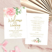Pink Blush Rozen Floral Gold Wedding Programme Kaart