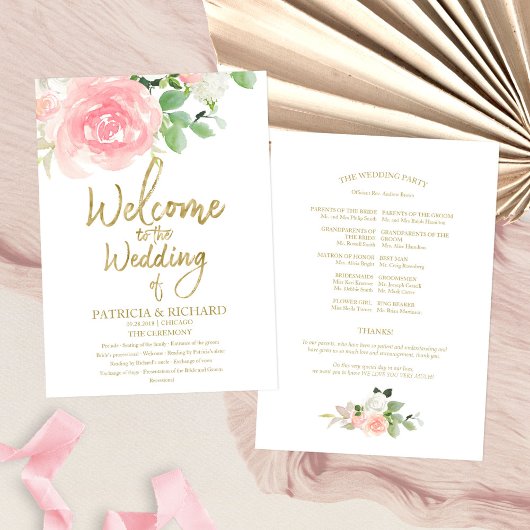 Pink Blush Rozen Floral Gold Wedding Programme Kaart