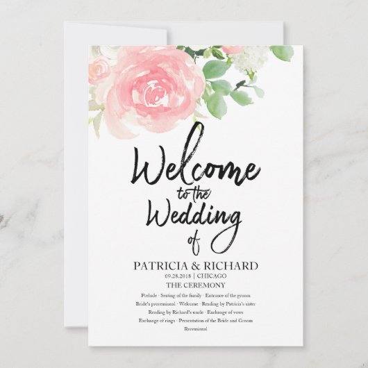 Pink Blush Rozen Floral Waterverf Wedding Programm Kaart (Voorkant)