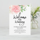 Pink Blush Rozen Floral Waterverf Wedding Programm Kaart (Staand voorkant)