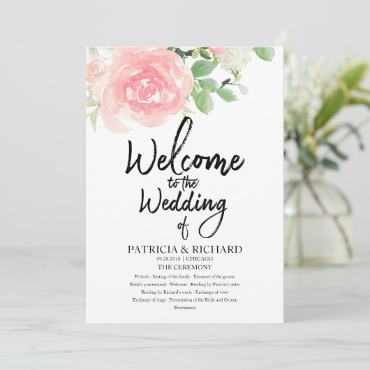 Pink Blush Rozen Floral Waterverf Wedding Programm Kaart (Staand voorkant)