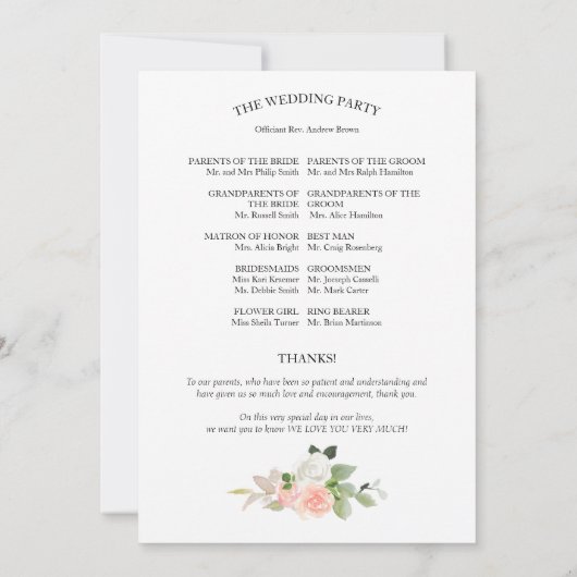 Pink Blush Rozen Floral Waterverf Wedding Programm Kaart (Achterkant)