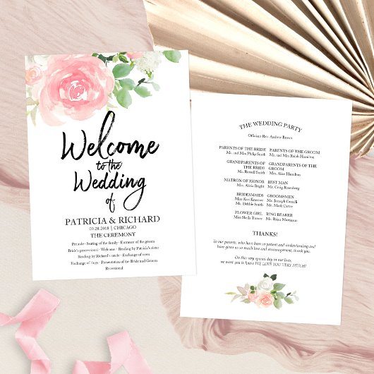 Pink Blush Rozen Floral Waterverf Wedding Programm Kaart