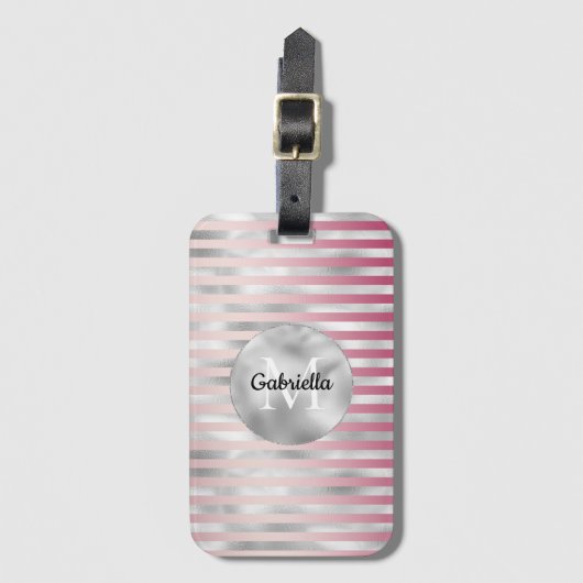Pink Blush Silver Stripes Monogram Bagagelabel (Voorkant (verticaal))
