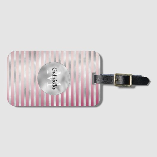 Pink Blush Silver Stripes Monogram Bagagelabel (Voorkant (horizontaal))