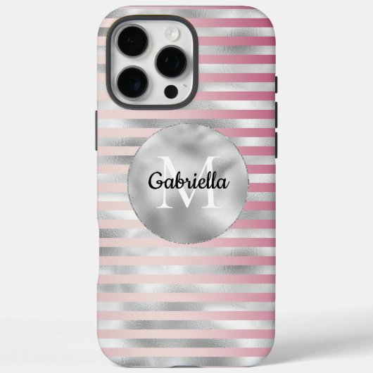 Pink Blush Silver Stripes Monogram Case-Mate iPhone Case (Achterkant)