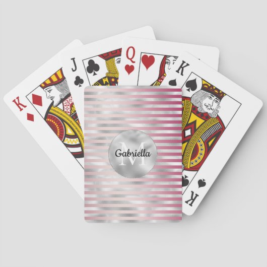 Pink Blush Silver Stripes Monogram Pokerkaarten (Achterkant)