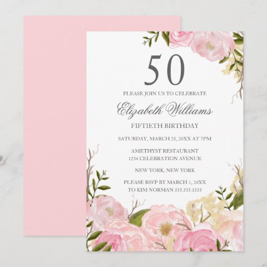 Pink Blush Waterverf Floral 50th Birthday Invite Kaart (Voorkant / Achterkant)