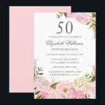 Pink Blush Waterverf Floral 50th Birthday Invite Kaart<br><div class="desc">Floral Birthday-uitnodigingen in de Little Bayleigh Store.</div>