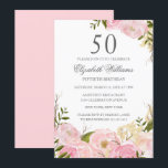 Pink Blush Waterverf Floral 50th Birthday Invite Kaart<br><div class="desc">Floral Birthday-uitnodigingen in de Little Bayleigh Store.</div>
