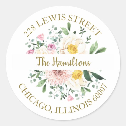 Pink Blush Waterverf Floral Retouradres Ronde Sticker (Voorkant)