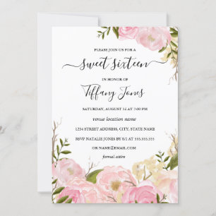 Pink Blush Waterverf Floral Sweet Sixteen Invite Kaart