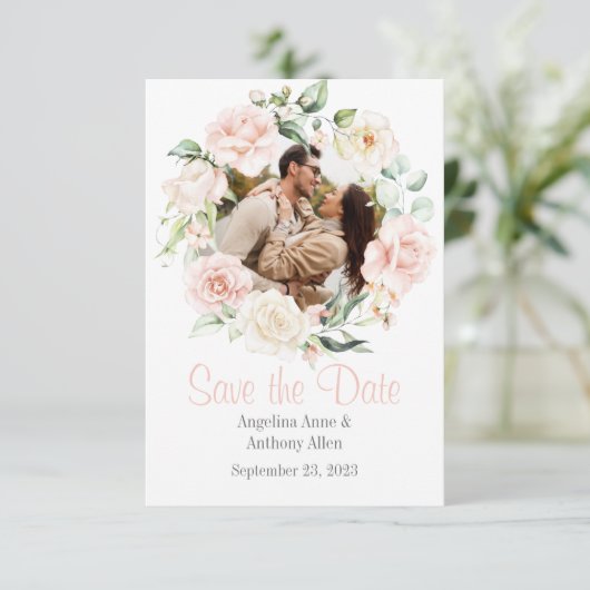 Pink Blush Waterverf Foto Floral Weddenschap Save The Date (Staand voorkant)