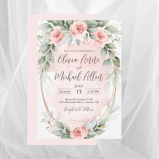 Pink Blush Waterverf Rozen Elegant Wedding Kaart