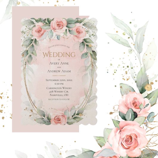 Pink Blush Waterverf Rozen Elegant Wedding Kaart