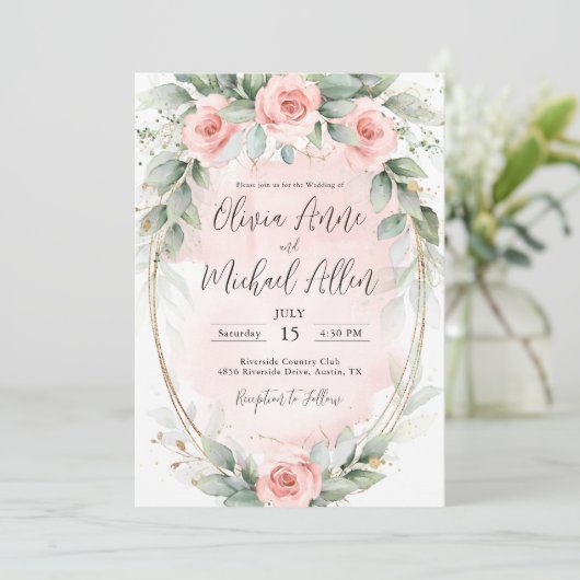 Pink Blush Waterverf Rozen Gold Elegant Wedding Kaart (Staand voorkant)