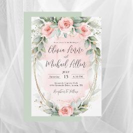 Pink Blush Waterverf Rozen Sage Green Wedding Kaart