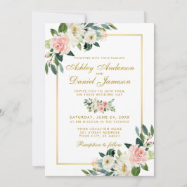 Pink Blush White Floral Gold Weddenfoto Kaart