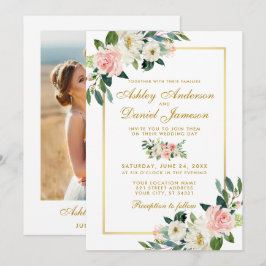 Pink Blush White Floral Gold Weduwfoto Terug Kaart
