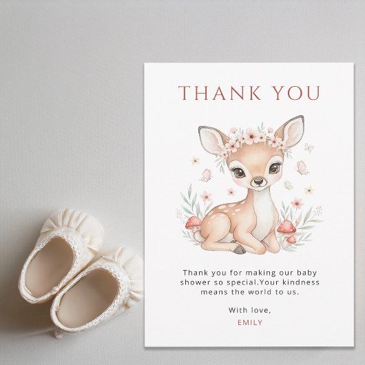 Pink Blush Woodland Deer Girl Baby Shower Bedankkaart