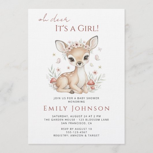 Pink Blush Woodland Deer Girl Baby Shower Kaart (Voorkant)