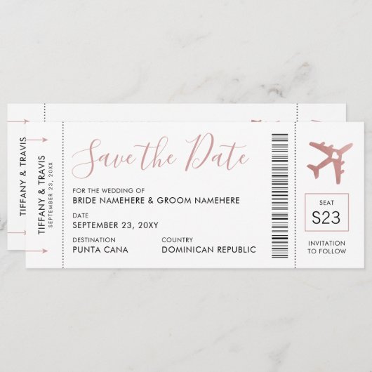 Pink Boarding Pass Plane Ticket Save Aankondiging (Voorkant / Achterkant)