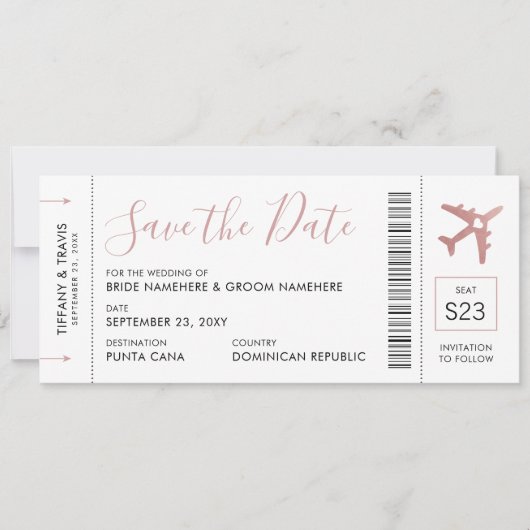 Pink Boarding Pass Plane Ticket Save Aankondiging (Voorkant)